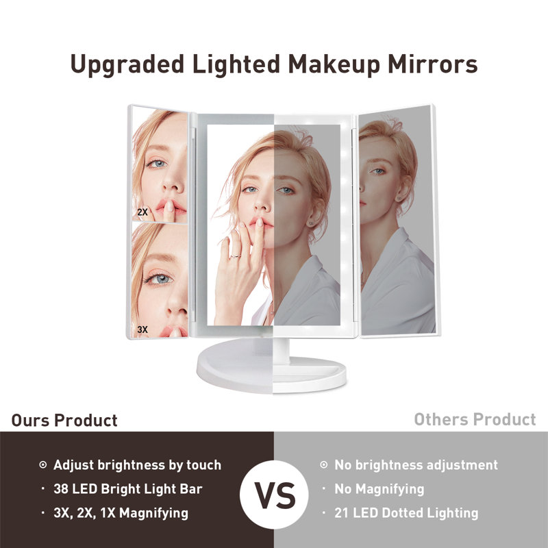 KAHOO Trifold LED lighting Makeup Mirror with Touch Screen, 1X/2X/3X